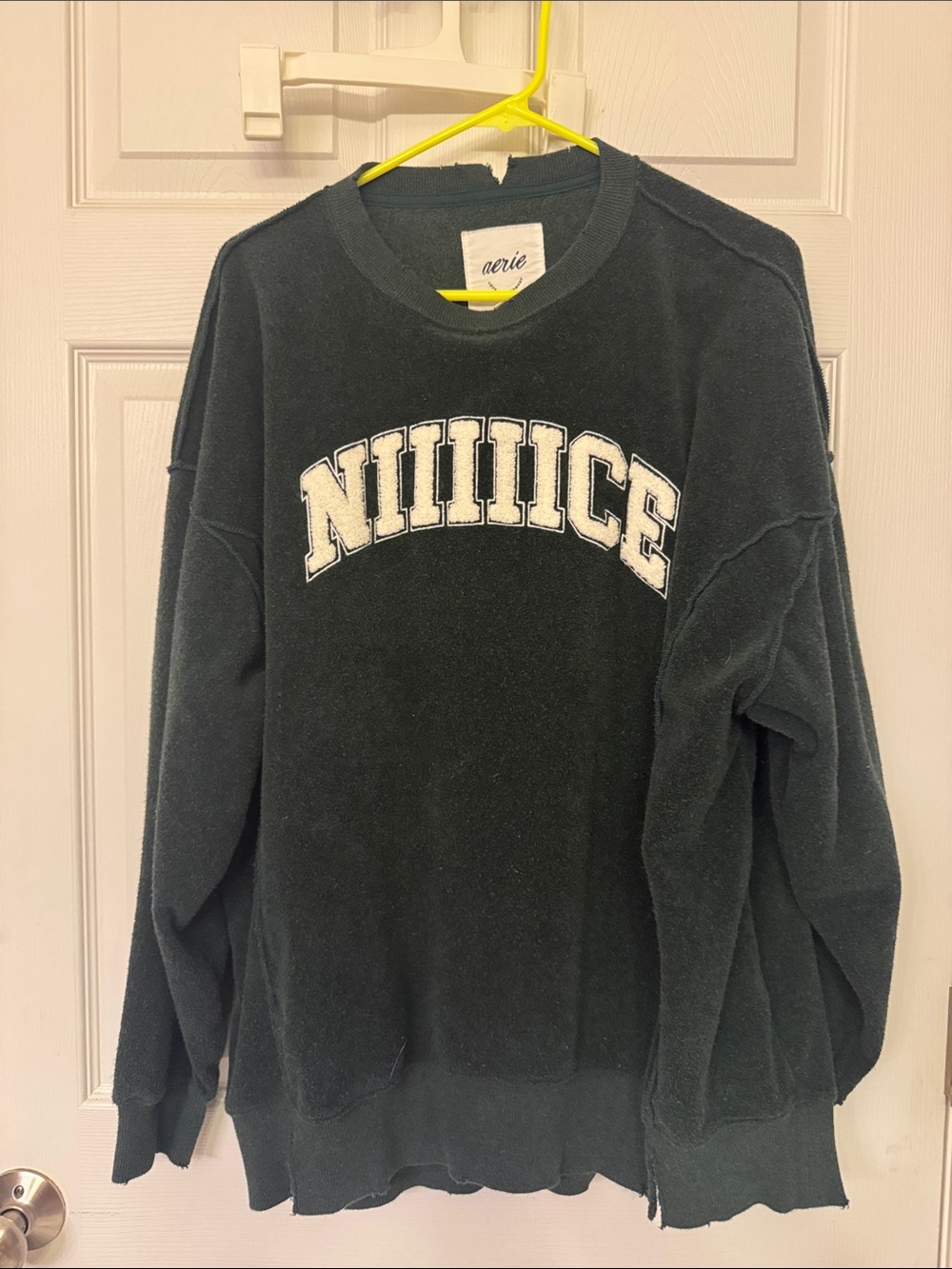 aerie Dark Green 'NIIIICE' Crewneck Terry Sweatshirt
